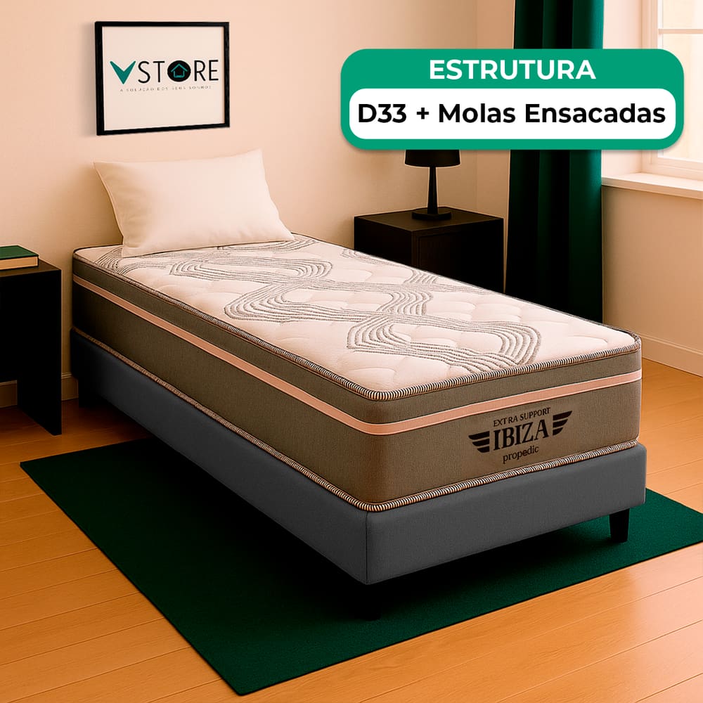 Cama Box Baú Solteiro Cinza e Colchão Ibiza Molas Vstore