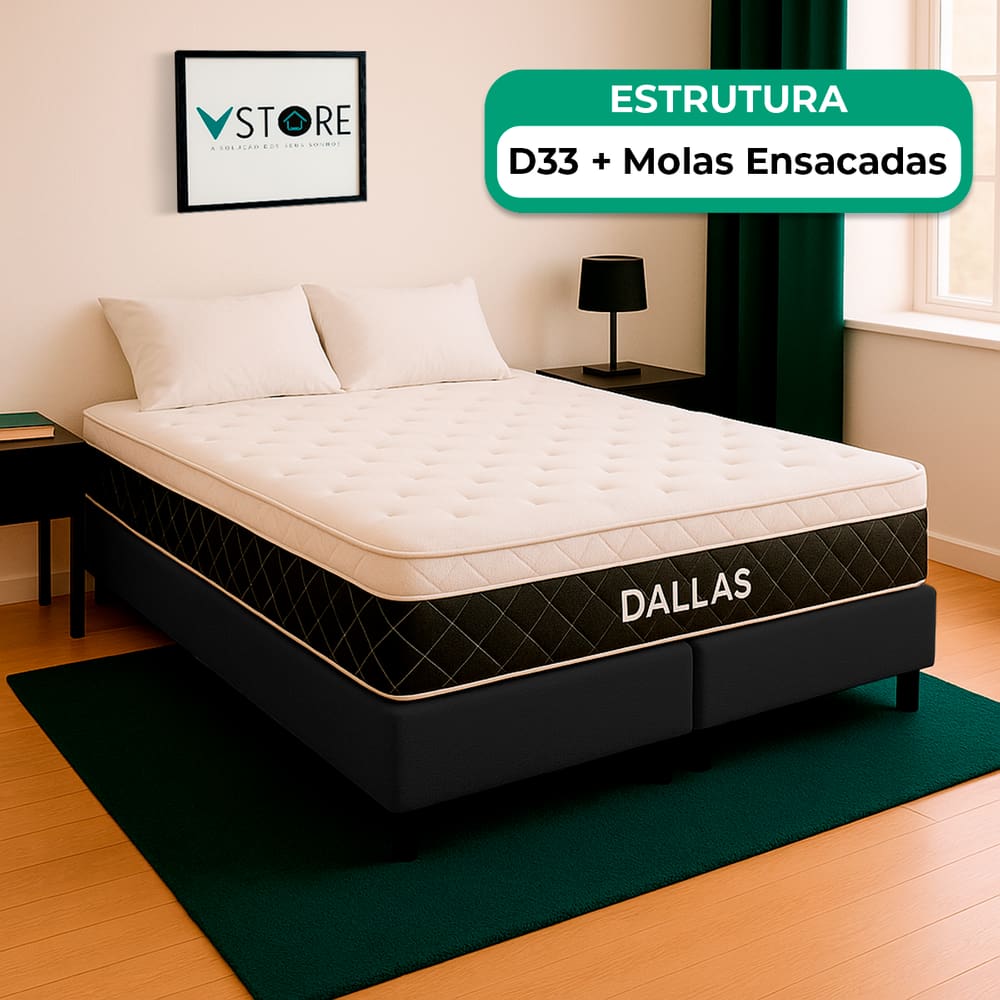 Cama Box Baú King Preto e Colchão Dallas Molas Vstore