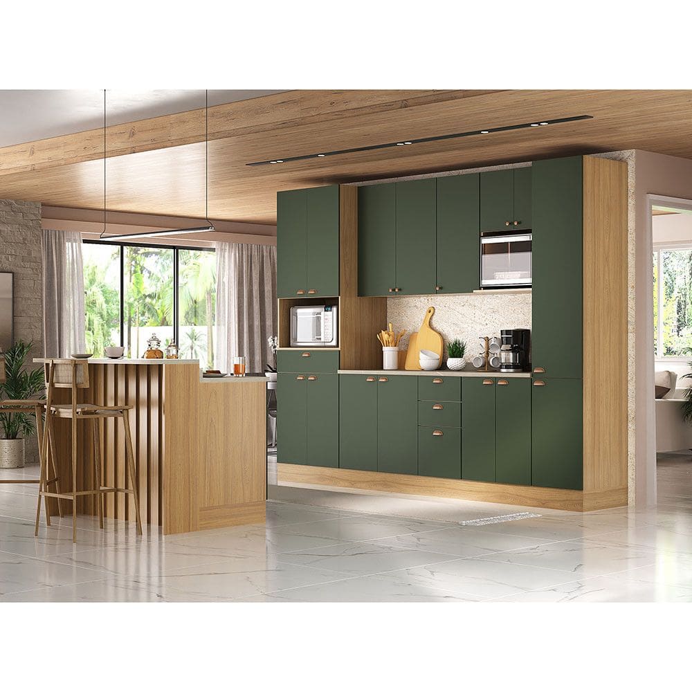 Cozinha Modulada Completa com Bancada Ilha 8 Peças com Tampo e Rodapé Classic Luciane Móveis