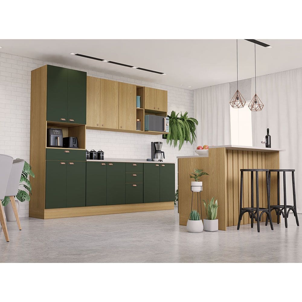 Cozinha Modulada Completa com Bancada Ilha 8 Peças com Tampo e Rodapé Classic Luciane Móveis