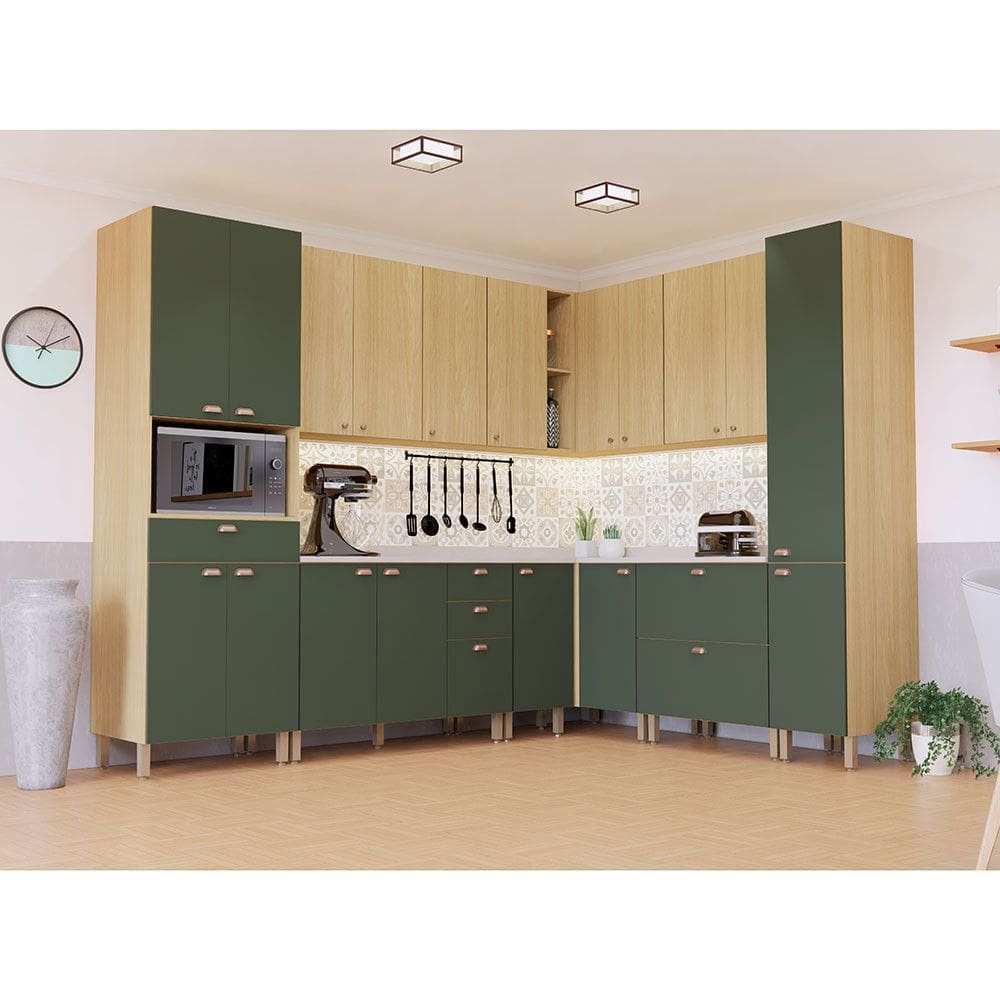 Cozinha Modulada Completa de Canto 10 Peças com Tampo e Rodapé Classic Luciane Móveis