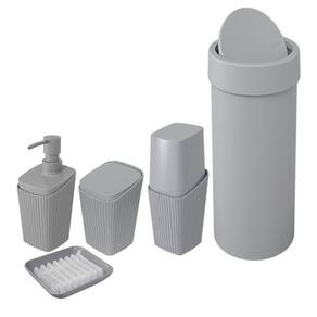 Kit Banheiro Porta Escova Cotonete Dispenser Saboneteira Lixeira Basculante 9L New Square Cinza - Coza