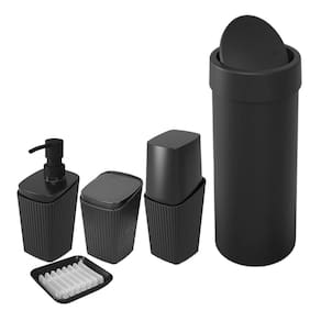 Kit Banheiro Porta Escova Cotonete Dispenser Saboneteira Lixeira Basculante 9L New Square Preto - Coza
