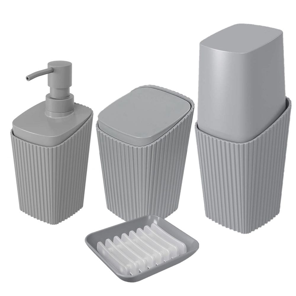 Kit Banheiro Porta Escova Cotonete Dispenser Saboneteira New Square Cinza - Coza