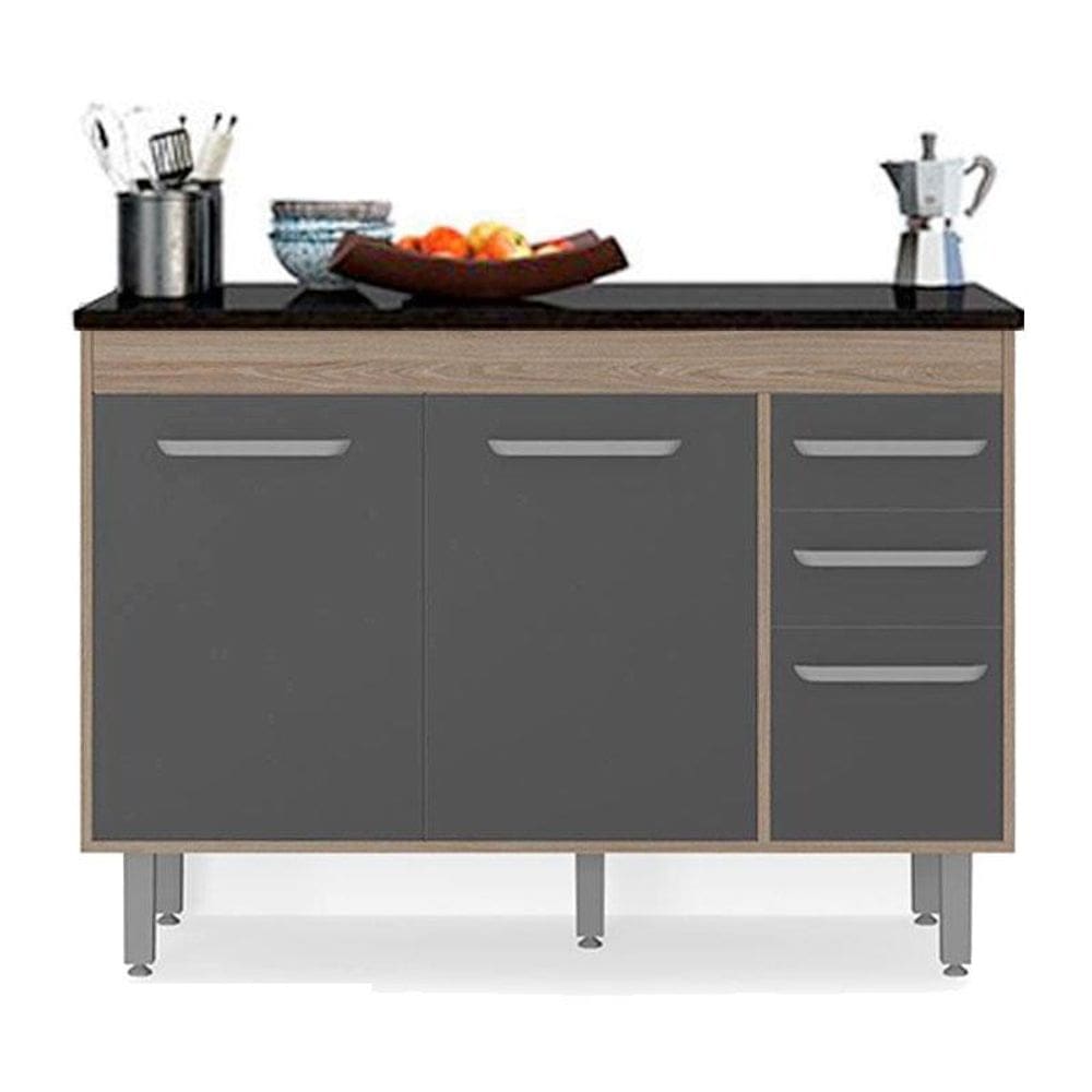 Balcão de Cozinha 3 Portas 2 Gavetas 120cm Flex Carvalho Grafite Lacca Ônix - Poliman