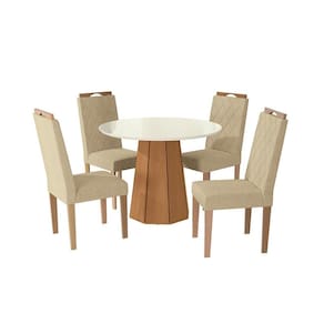 Conjunto de Mesa de Jantar Redonda com Tampo de Vidro Off White e 4 Cadeiras Jade Bouclé Bege e Eucalipto