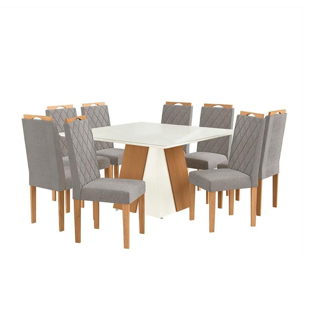Conjunto de Mesa de Jantar Quadrada com Tampo de Vidro Off White e 8 Cadeiras Dalia Bouclé Cinza e Eucalipto