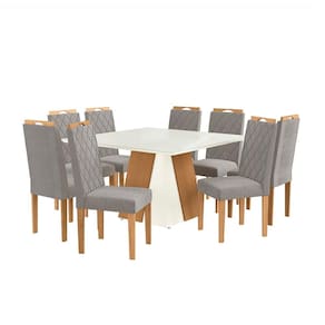 Conjunto de Mesa de Jantar Quadrada com Tampo de Vidro Off White e 8 Cadeiras Dalia Bouclé Cinza e Eucalipto