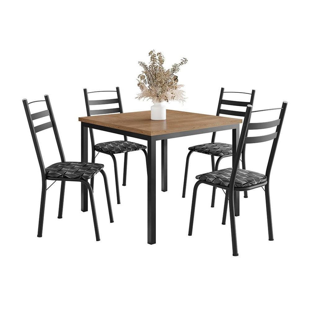 Conjunto de Mesa Quadrada com Tampo de MDP Amadeirado e 4 Cadeiras Adriana Revestimento Sintético Silver e Preto