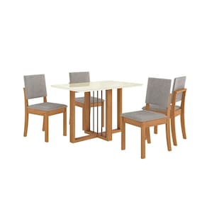 Conjunto de Mesa de Jantar Retangular com Tampo de Vidro Off White Antonela e 4 Cadeiras Lunas Bouclé Cinza e Canela