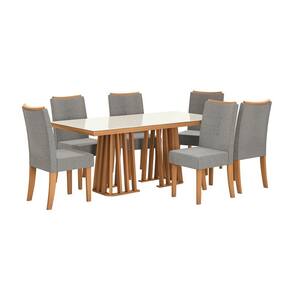 Conjunto de Mesa de Jantar Retangular com Tampo de Vidro Off White Alteia e 6 Cadeiras Elva Bouclé Cinza e Canela