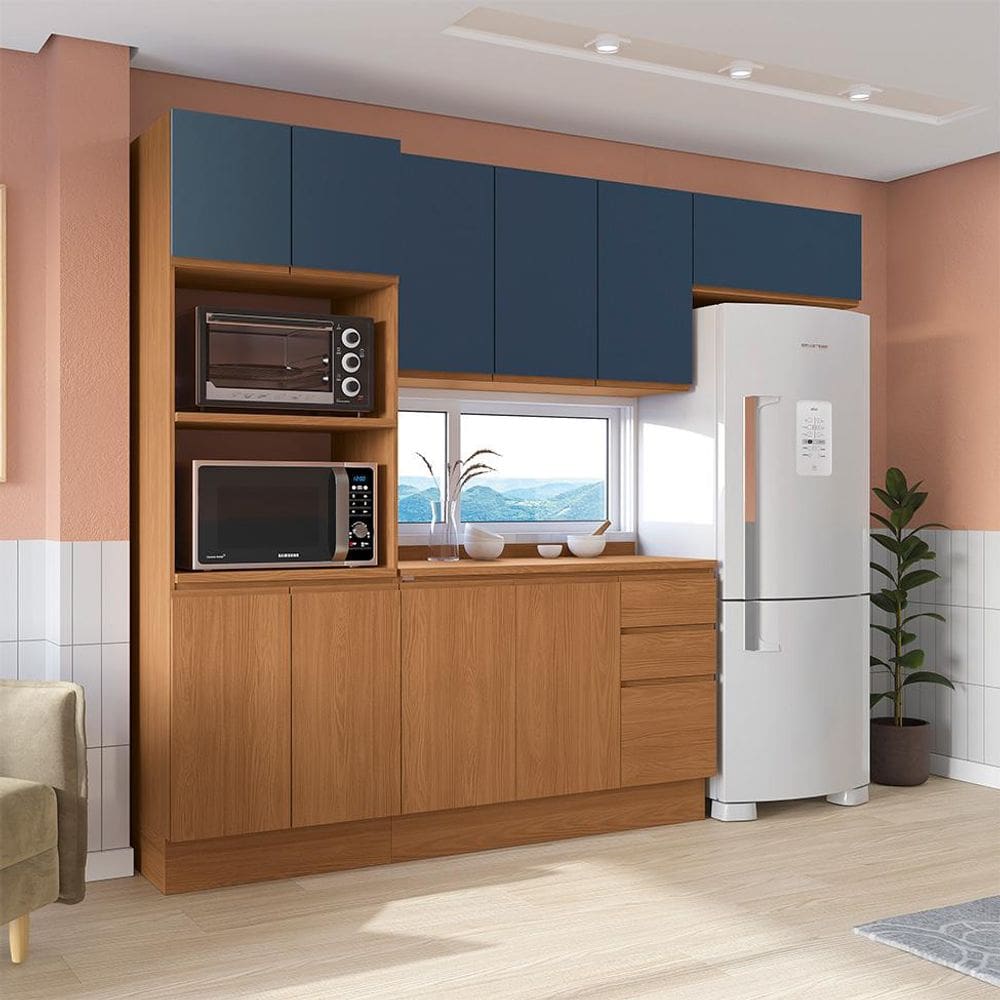 Cozinha Compacta Valence 10 Portas 3 Gavetas Canela e Azul