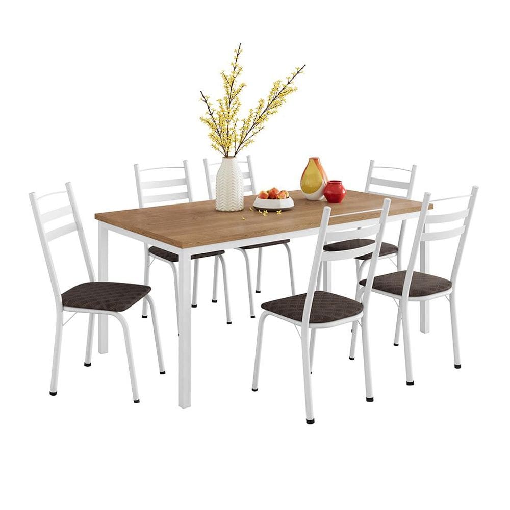 Conjunto de Mesa Retangular com Tampo de MDP Amadeirado e 6 Cadeiras Adriana III Revestimento Sintético Cacau e Branco
