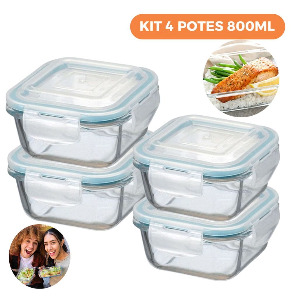 Kit 4 Potes de Vidro Herméticos Quadrados 800ml