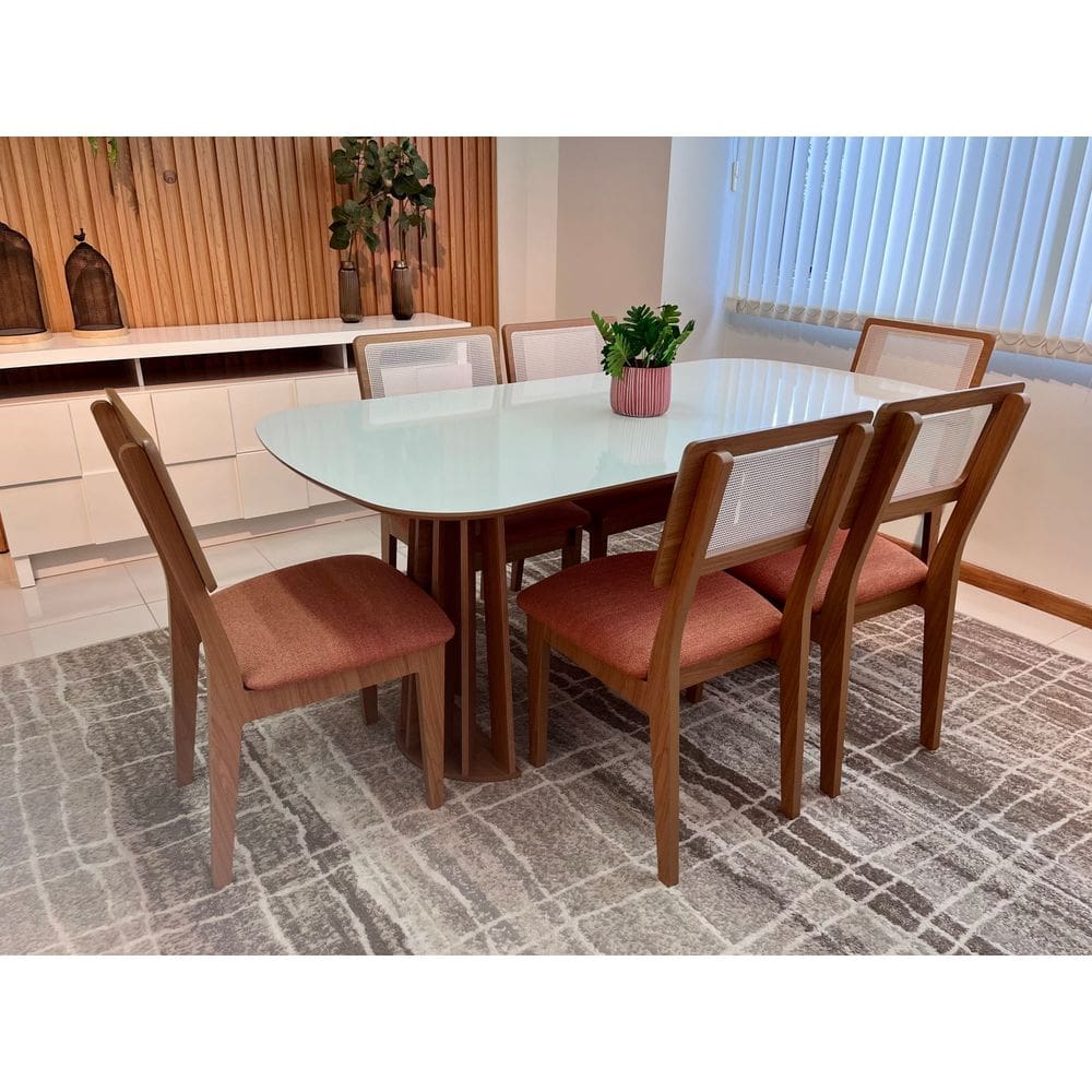 Conjunto Mesa com 6 Cadeiras de Jantar Encosto Tela 100% MDF Off White Veronese Dalla Costa