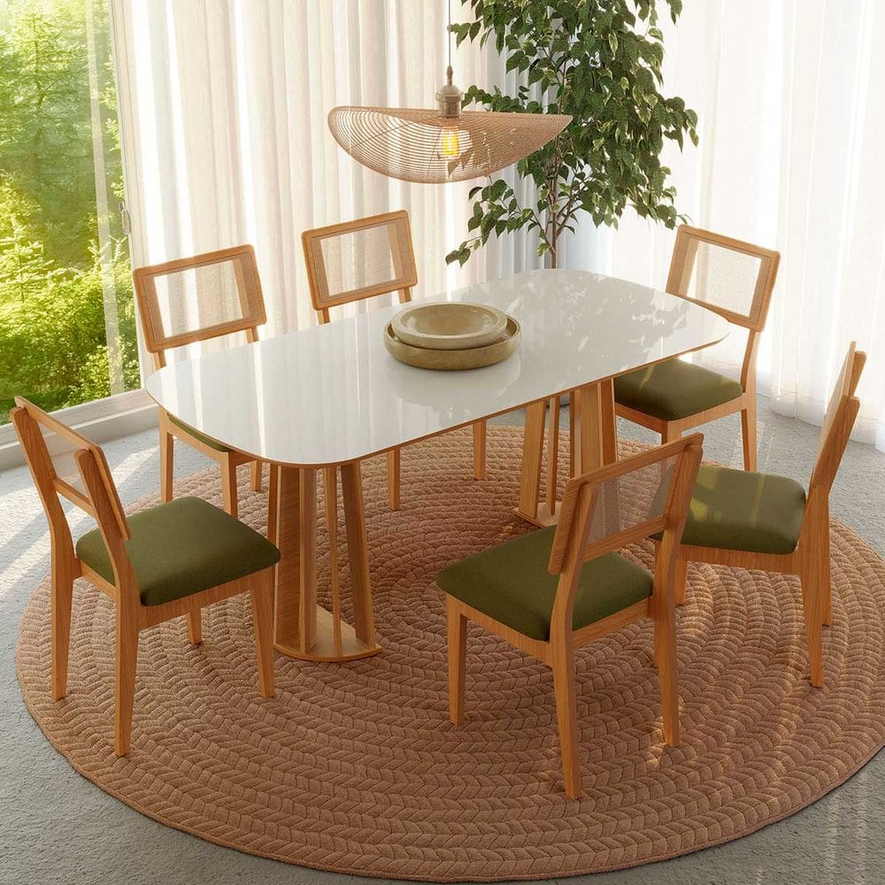 Conjunto Mesa com 6 Cadeiras de Jantar Encosto Tela 100% MDF Off White Verde Dalla Costa
