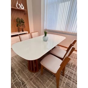 Kit Mesa Oval 4 Cadeiras de Jantar Tela 100% MDF Branco Bege Dalla Costa