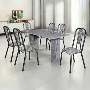 Conjunto Sala de Jantar 6 Cadeiras Fortaleza Preto / Prata / Granito
