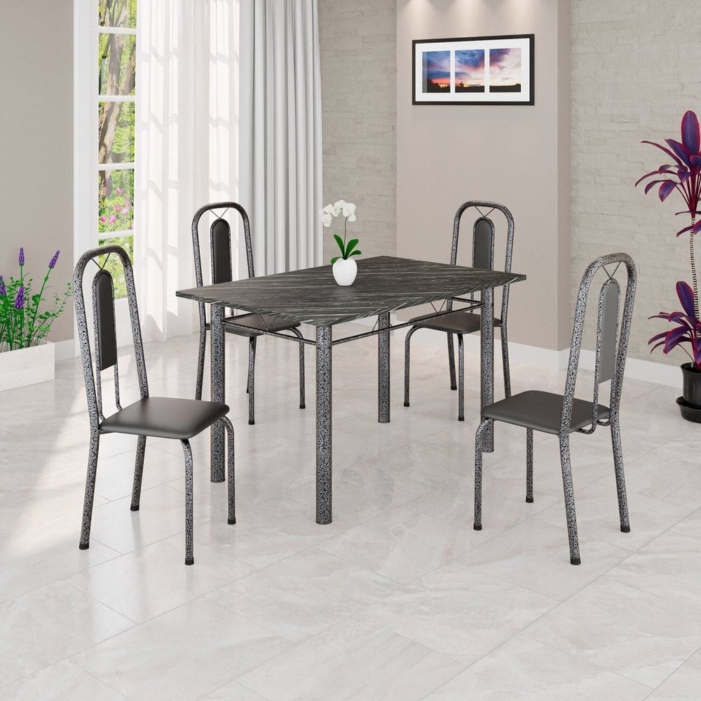 Conjunto Sala de Jantar com 4 Cadeiras Lívia Preto/Prata