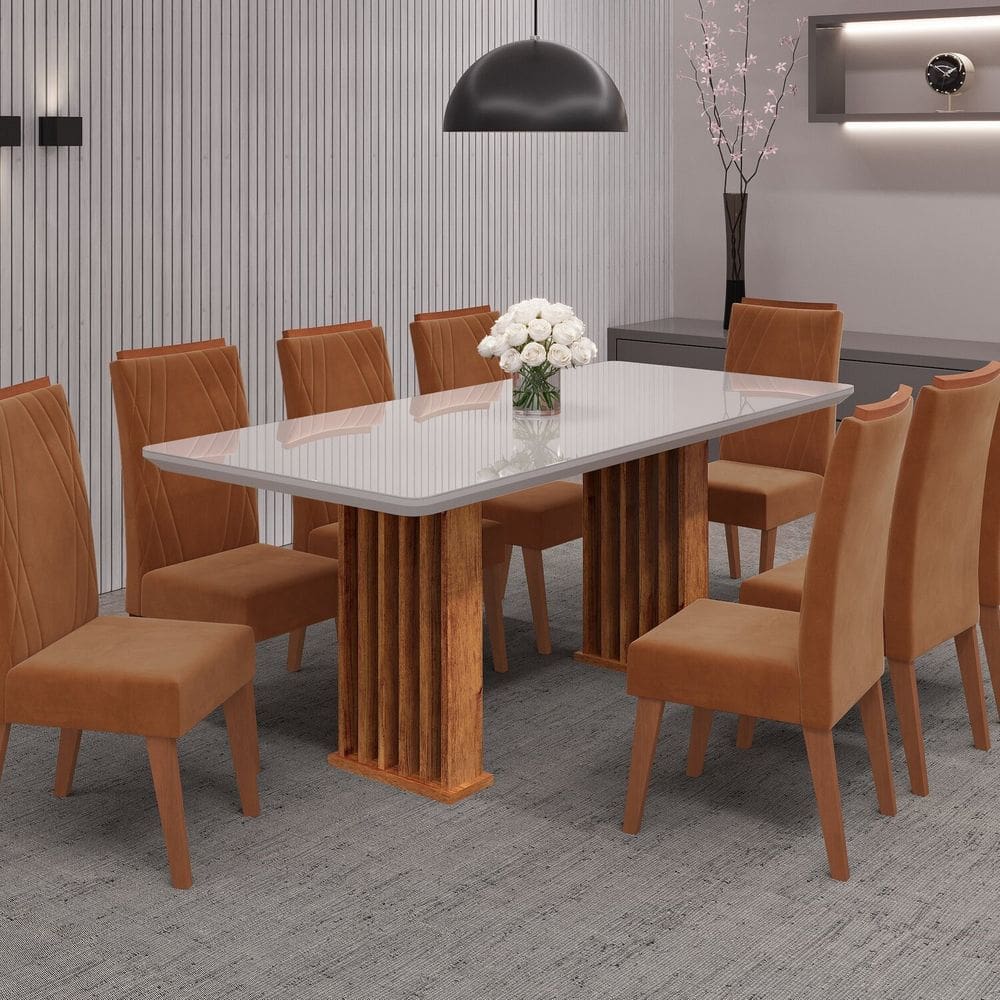 Conjunto Sala de Jantar 8 Cadeiras Vegas Mel /Off White/ Terracota