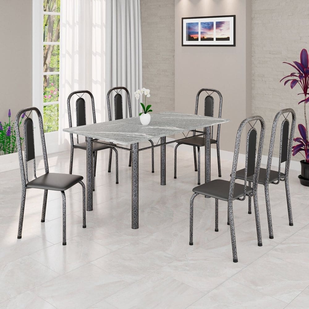 Conjunto para Sala de Jantar com 6 Cadeiras Lívia Preto / Prata