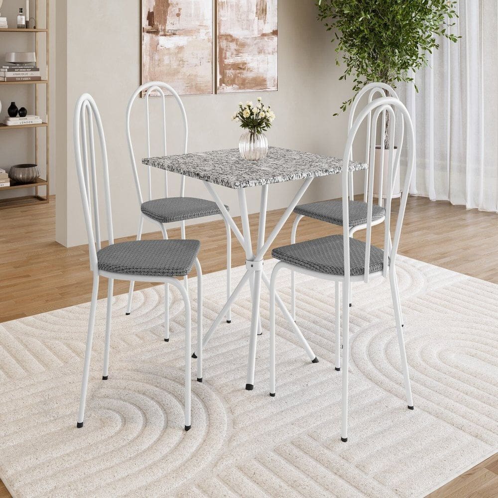 Conjunto de Mesa e 4 Cadeiras 77cm X 70cm Leia Branco/ Platina/ Ocre