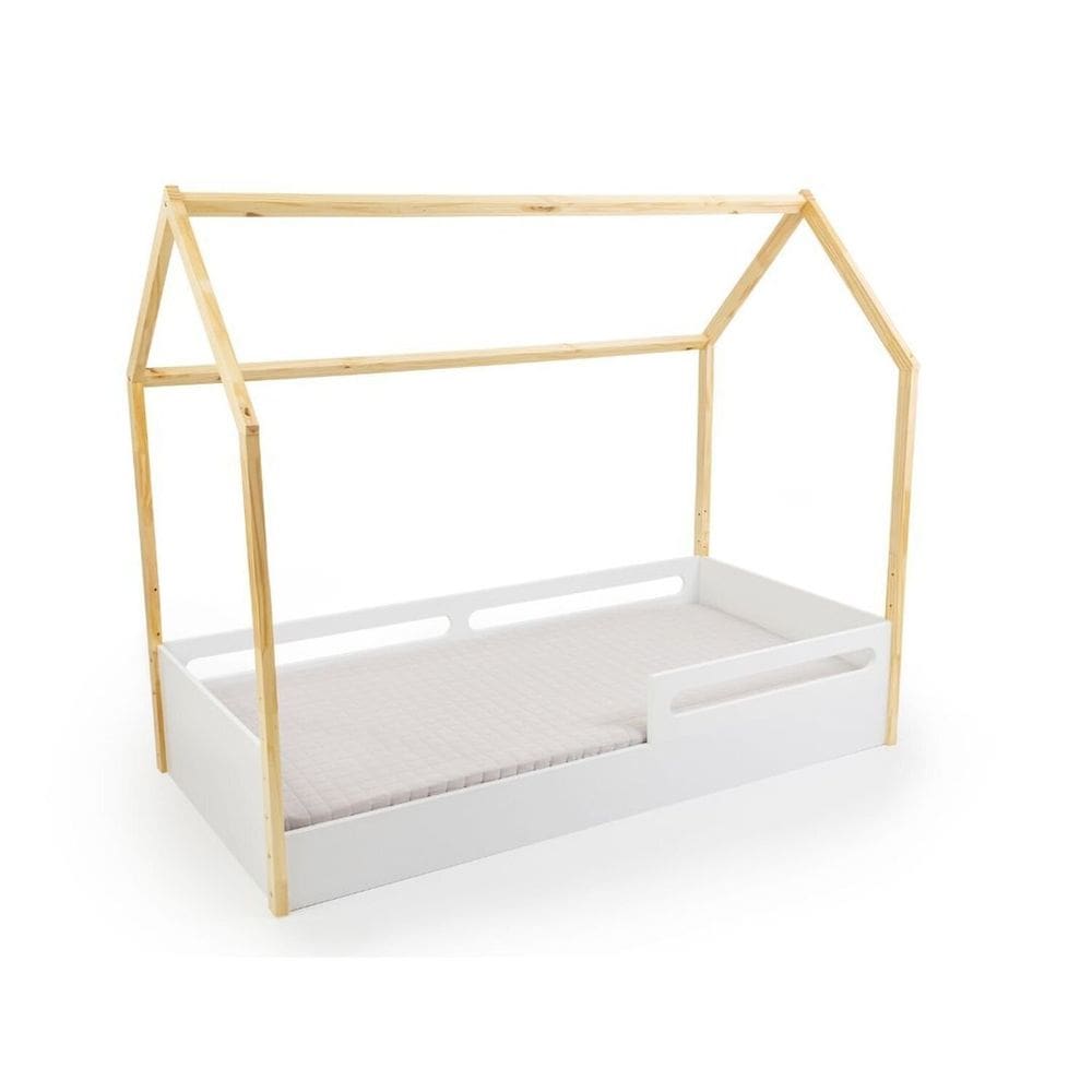 Cama Infantil com Casinha e Grades de Proteção Tivoli Branco com Pinus