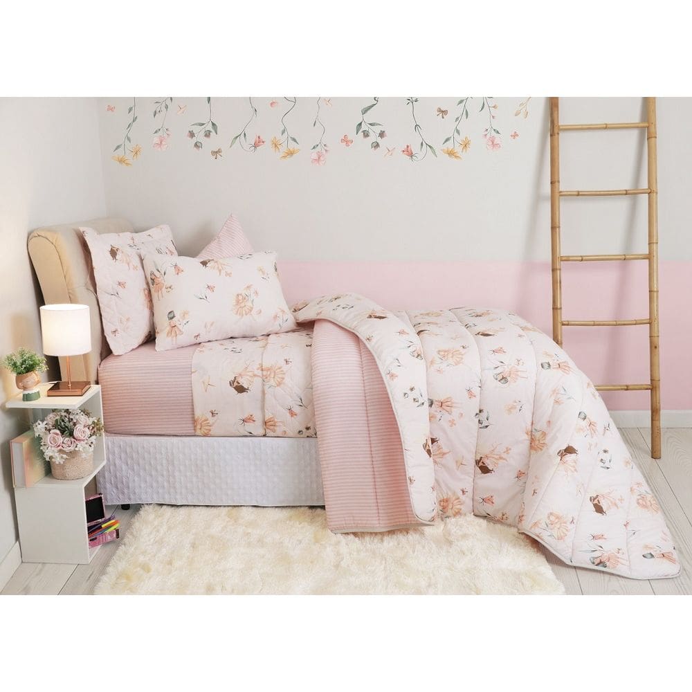 Jogo de Cama Solteiro Infantil Duplo 3 Peças Fada Rosa 50% Algodão e 50% Poliéster Sultan