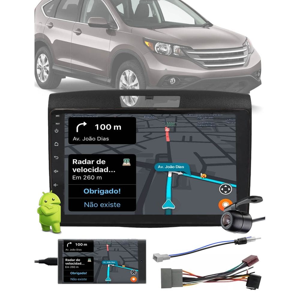 Multimídia 2 Din 9" Polegadas Android CRV 2012 até 2016 + Câmera de Ré + Moldura + Chicote + Adaptador de Antena + Interface Comando de Volante