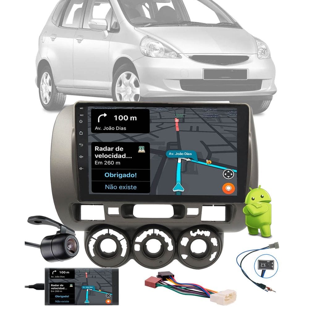 Multimídia 2 Din 9" Polegadas Android Fit 2003 até 2008 Espelhamento Bluetooth USB + Chicotes + Câmera Ré