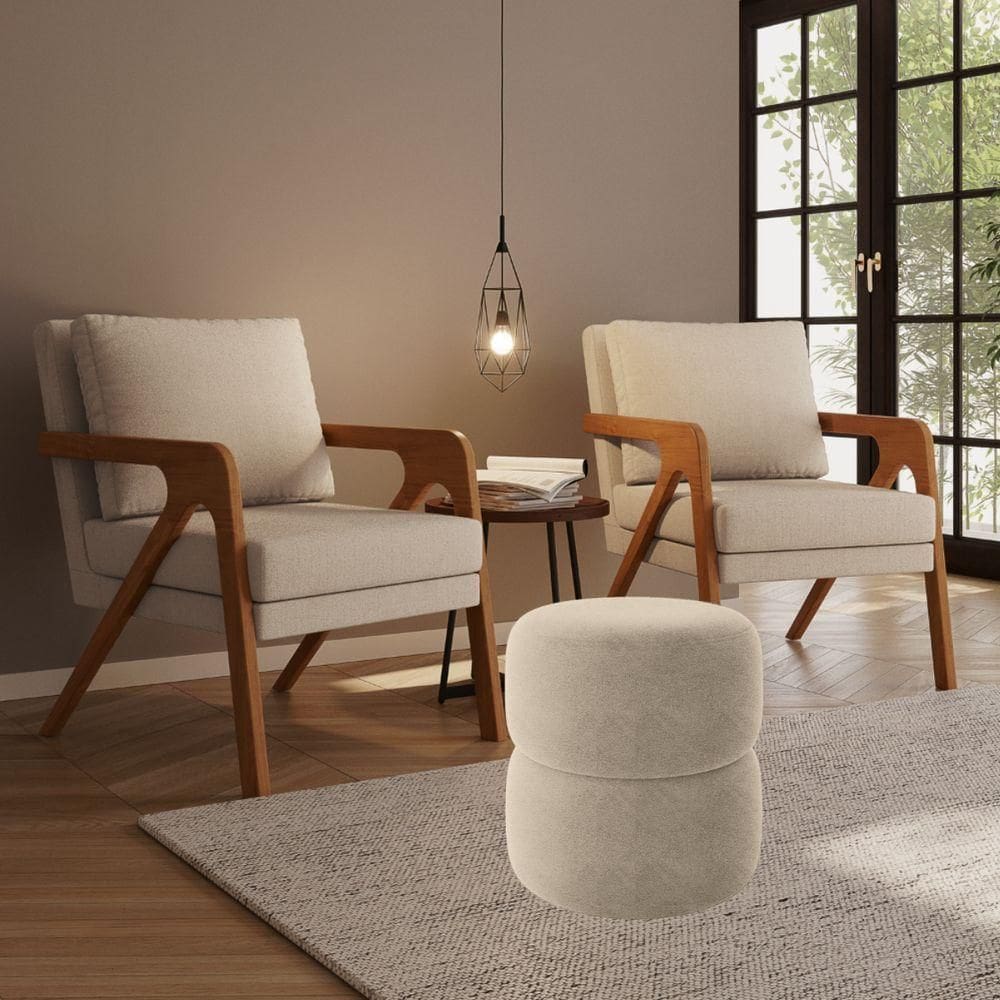 Kit 2 Poltrona Decorativa E Puff Sala Moderno Escritório Dora Bouclé Bege