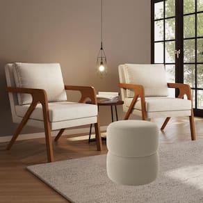 Kit 2 Poltrona Decorativa E Puff Sala Moderno Escritório Dora Linho Bege