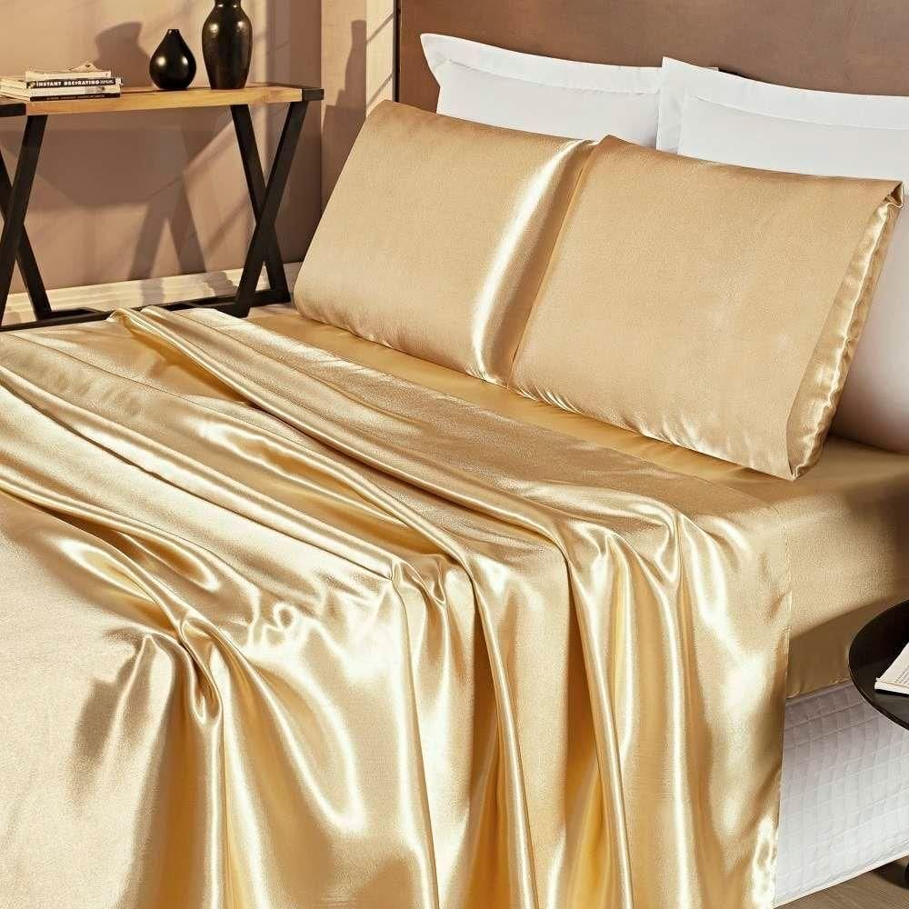Jogo De Lençol Queen Cetim Shine 4 Peças Dourado