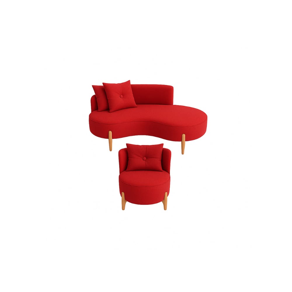 Conjunto 01 Poltrona + Sofá Curvo Orgânico Veludo Vermelho - Montanaris Decor