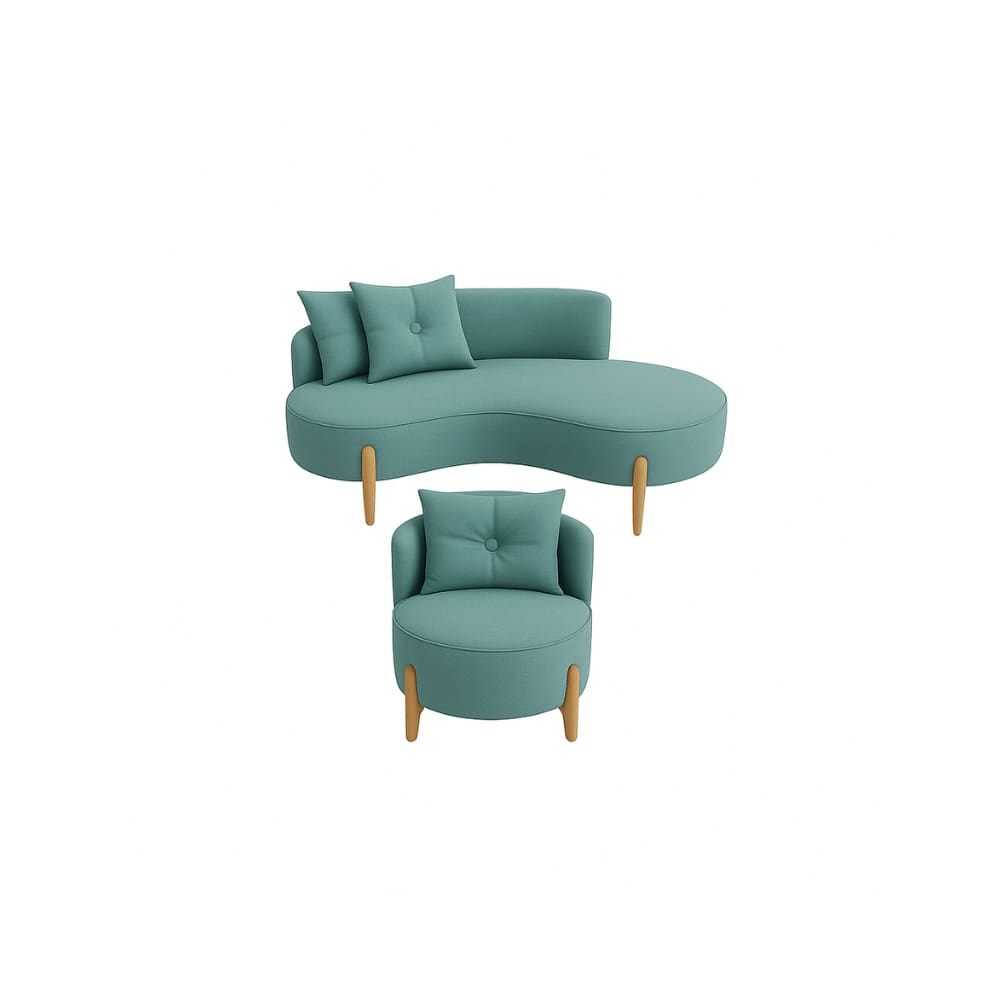 Conjunto 01 Poltrona + Sofá Curvo Orgânico Veludo Azul Turquesa  - Montanaris Decor