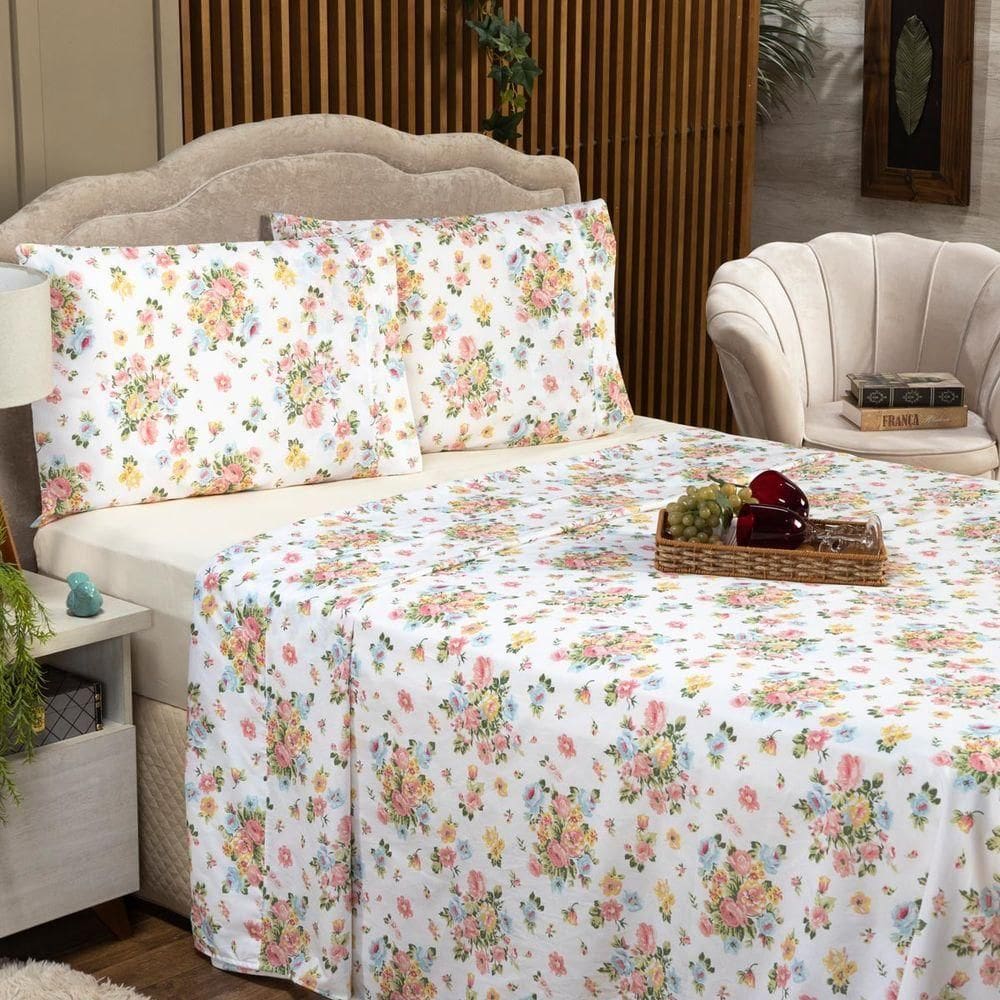 Jogo De Cama Estampado Floral Palha King 04 Peças