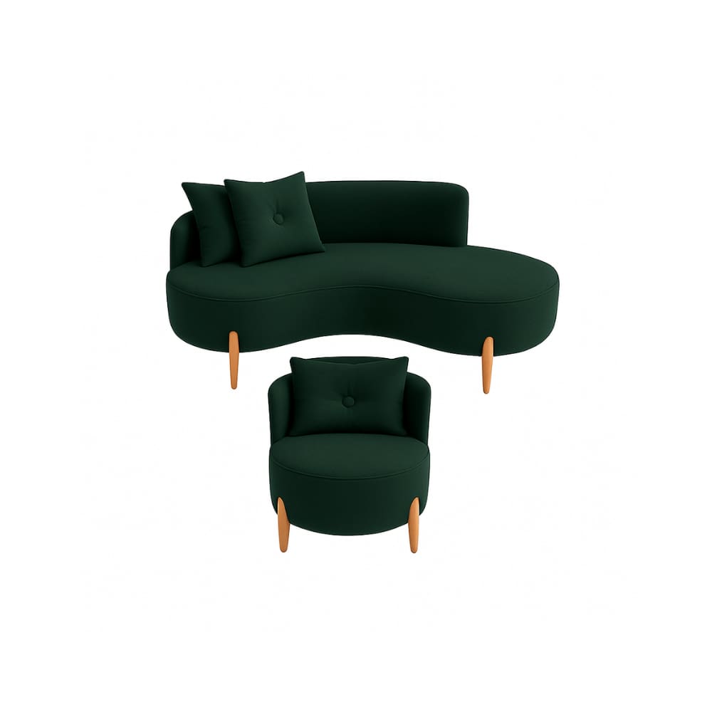 Conjunto 01 Poltrona + Sofá Curvo Orgânico Veludo Verde - Montanaris Decor