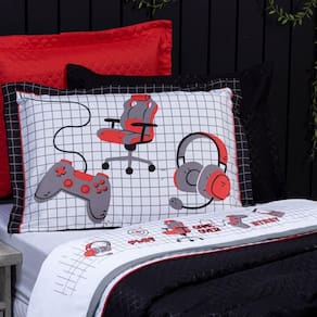 Jogo De cama Game Streamer Branco/Vermelho Solteiro 03 Peças