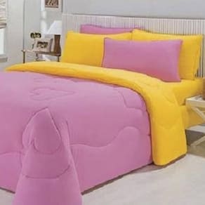 Edredom Dupla Face King Size Malha Fio 30/1 Rosa Com Amarelo