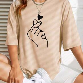Camiseta Oversized Feminina Mão Coreana Dorama 100% Algodão Larga Bege