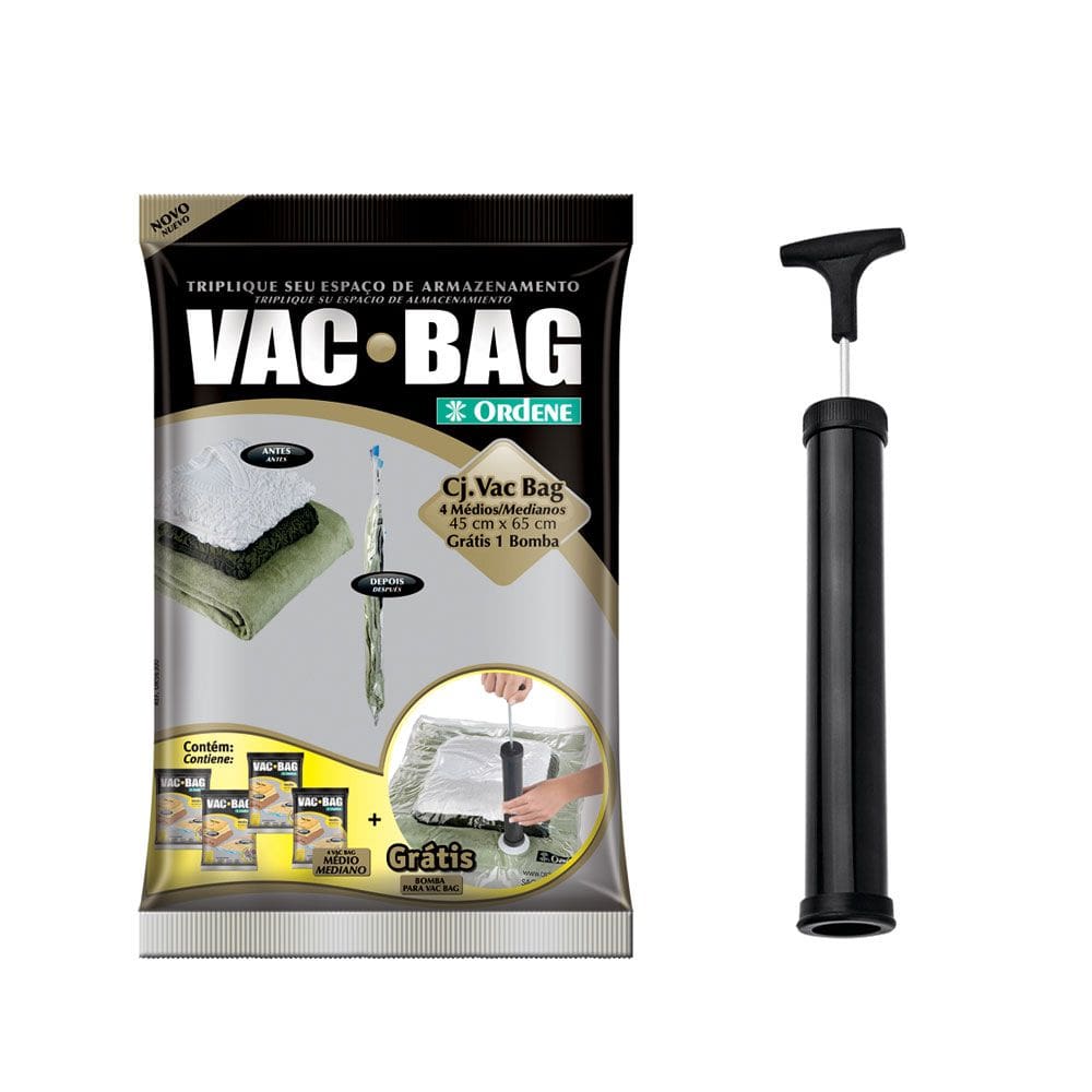 Saco a Vacuo Plastico Vac Bag e Bomba de Sucção Kit 4un