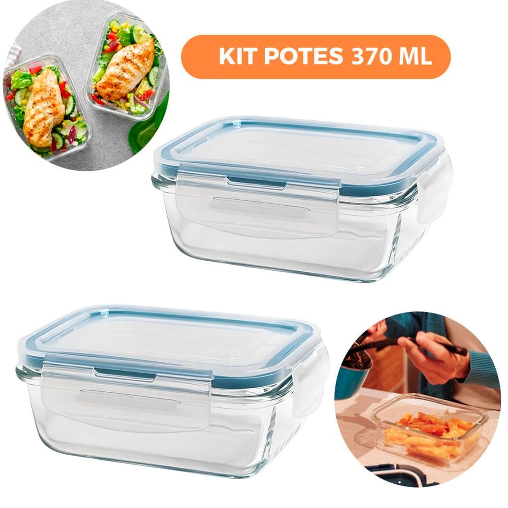 Kit 2 Potes de Vidro Hermético Retangular 370ml