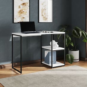 Mesa Escritório Berlim Industrial com Prateleira Ferro Preto Tampo 110x46 Branco