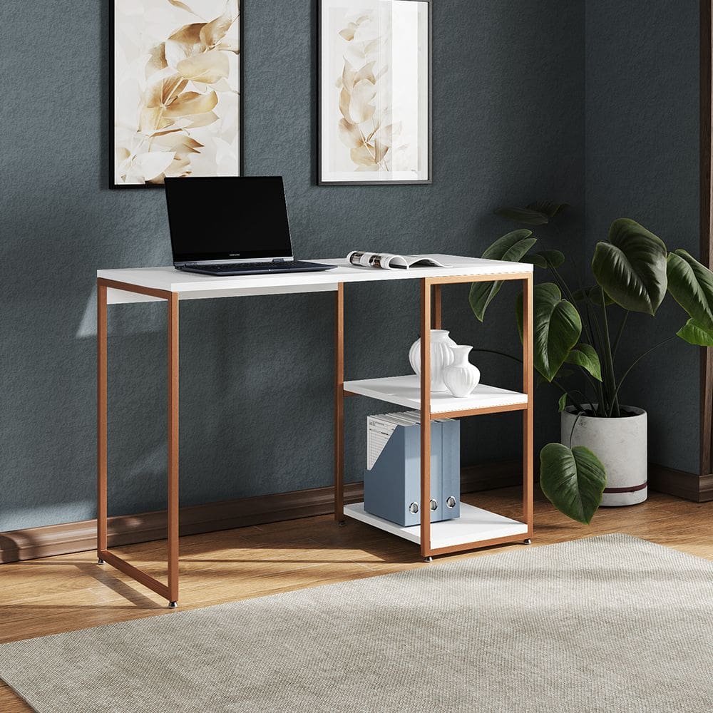 Mesa Escritório Berlim Industrial com Prateleira Ferro Cobre Tampo 110x46 Branco