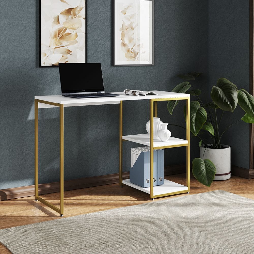 Mesa Escritório Berlim Industrial com Prateleira Ferro Dourado Tampo 110x46 Branco