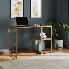 Mesa Escritório Berlim Industrial com Prateleira Ferro Dourado Tampo 110x46 Amêndoa