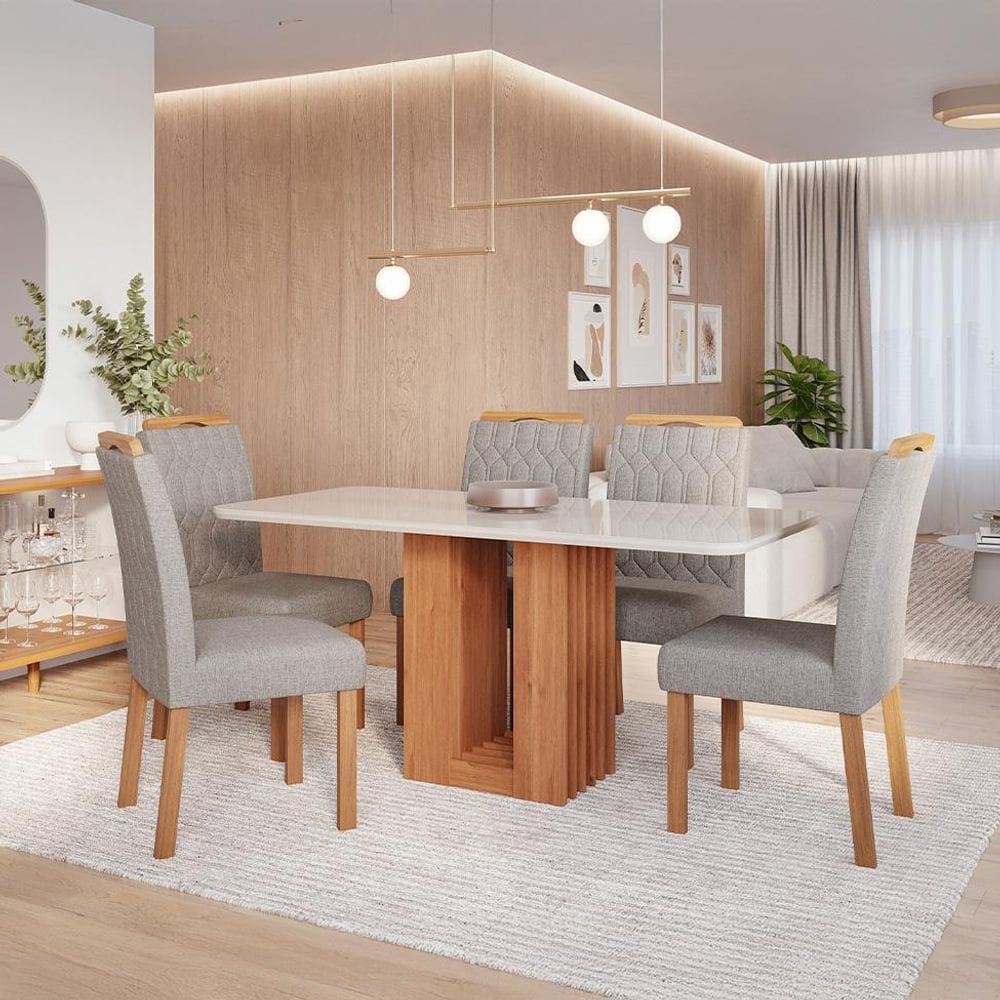 Conjunto de Mesa Retangular com Tampo de Vidro Off White Ariela e 6 Cadeiras Paola Linho Bege e Madeira