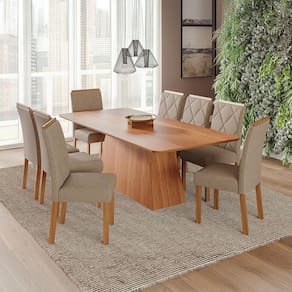 Conjunto de Mesa Retangular com Tampo de MDF Cinamomo Helena e 8 Cadeiras Fernanda Linho Bege e Madeira