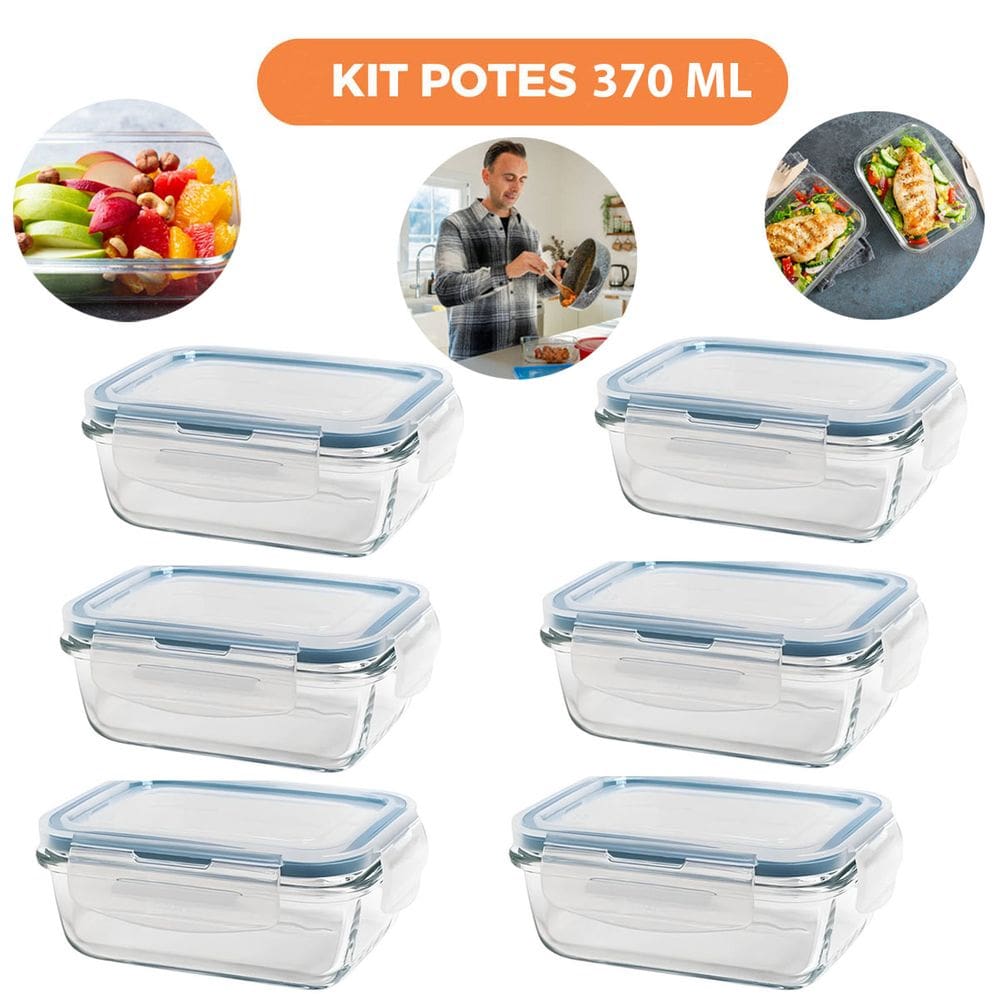 Kit 6 Potes de Vidro Hermético Retangular 370ml