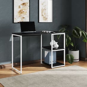 Mesa Escritório Berlim Industrial com Prateleira Ferro Branco Tampo 110x46 Preto